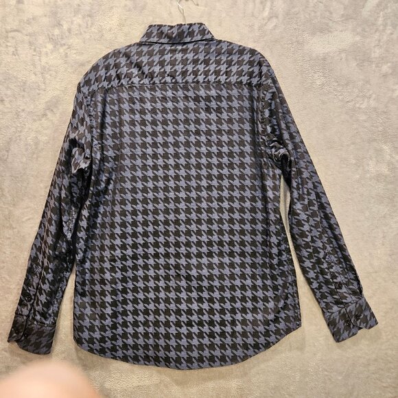 BUGATCHI dress shirt Mens L chest 44 geometric blue black shaped fit flip cuff - Picture 2 of 16